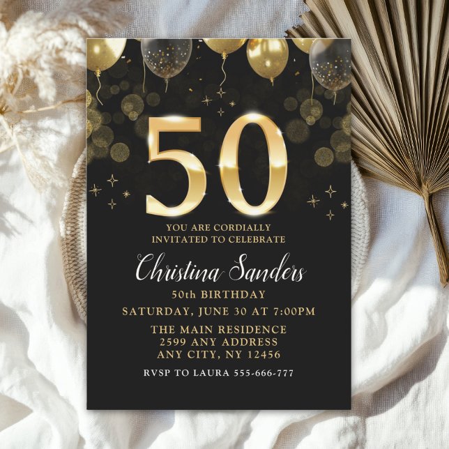 Elegant 50th Birthday Invitation with Gold Ballons (Créateur téléchargé)