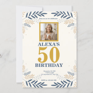 Elegant 50th Birthday Navy Blue Gold Celebration Invitation
