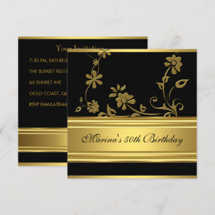 Elegant 50th Birthday Party Black Gold Floral 2 Invitation