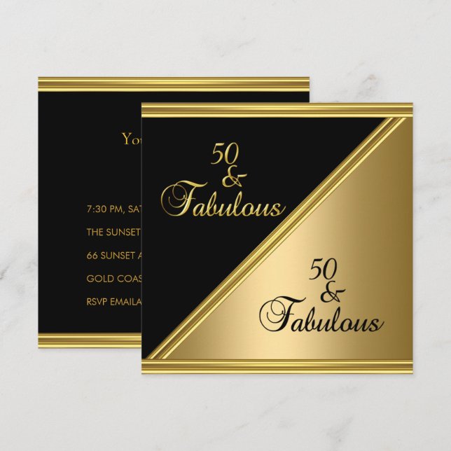 Elegant 50th Birthday Party Black Gold Floral Invitation (Front/Back)