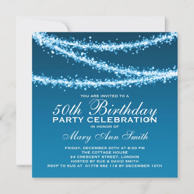 Elegant 50th Birthday Party Blue String Lights Invitation (Front)
