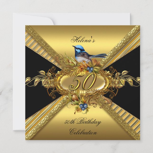 Elegant 50th Birthday Party BlueBird Gold Black Invitation (Front)