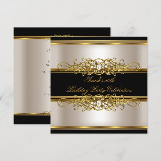 Elegant 50th Birthday Party Cream Gold Black Invitation (Front/Back)
