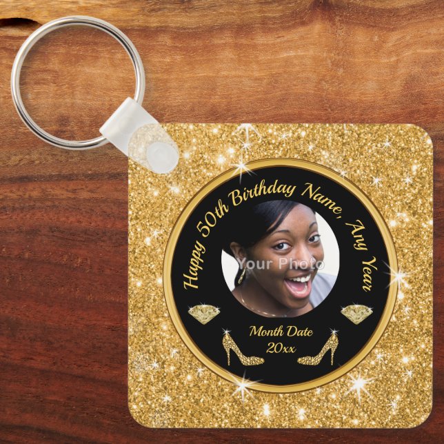 Elegant 50th Birthday Party Favours for Her, Photo Keychain (Front)