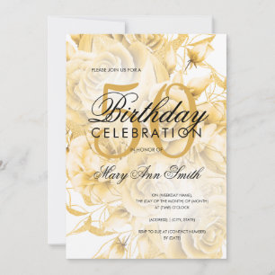 Elegant 50th Birthday Party Floral Gold White Invitation