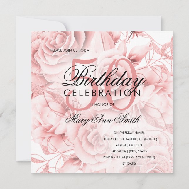 Elegant 50th Birthday Party Floral Rose Gold  (Front)