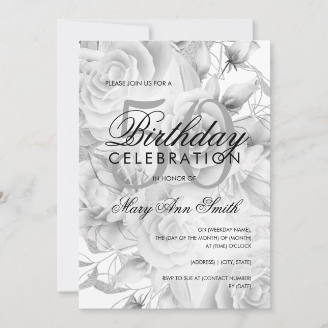 Elegant 50th Birthday Party Floral Silver White  Invitation (Front)