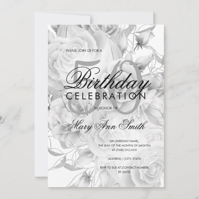 Elegant 50th Birthday Party Floral Silver White Invitation (Front)