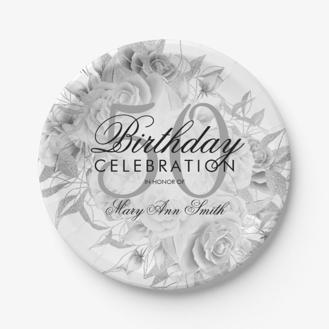 Elegant 50th Birthday Party Floral Silver White Paper Plate (Front)