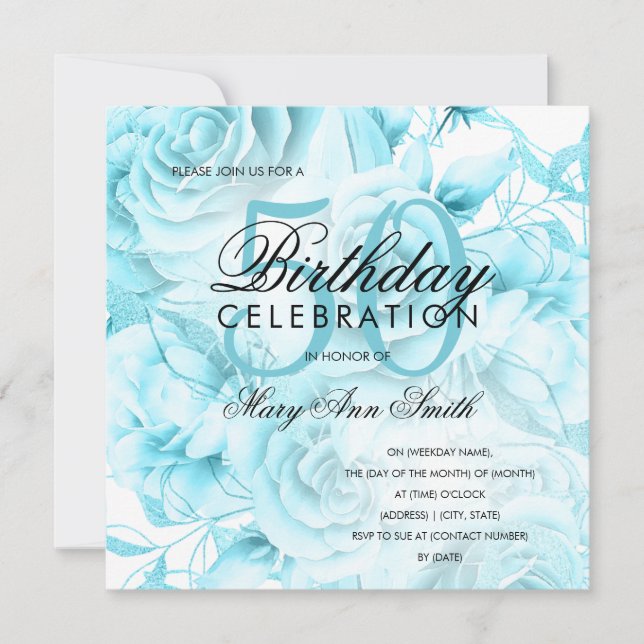 Elegant 50th Birthday Party Floral Teal White (Front)