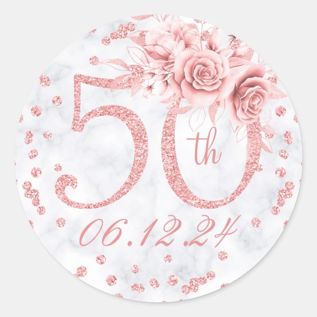 Elegant 50th Birthday Party Glam Rose Gold Marble  Classic Round Sticker (Front)