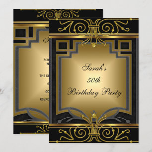 Elegant 50th Birthday Party Gold Black Art Deco Invitation