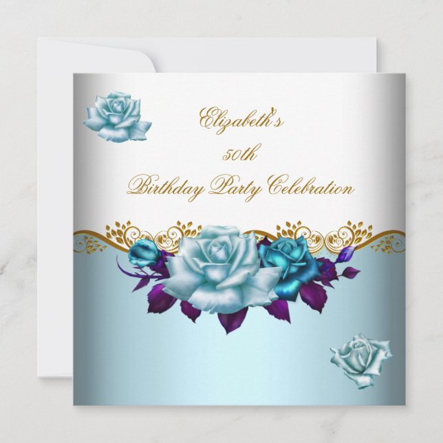 Elegant 50th Birthday Party Gold Blue Roses Invitation (Front)