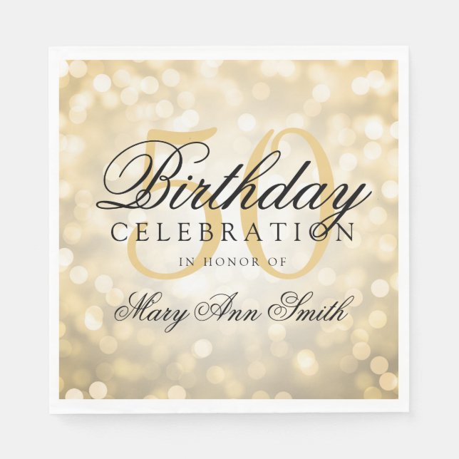 Elegant 50th Birthday Party Gold Glitter Lights Napkin (Front)