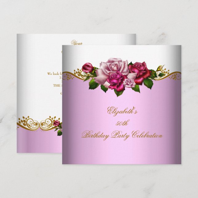Elegant 50th Birthday Party Gold Pink Roses Invitation (Front/Back)