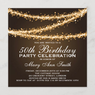 Elegant 50th Birthday Party Gold String Lights Invitation
