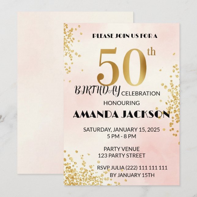Elegant 50th Birthday Party Invitation Gold & Pink (Front/Back)