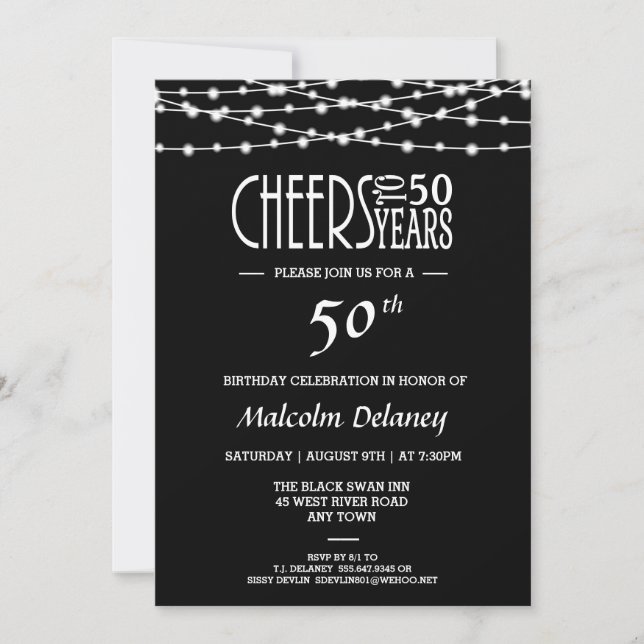 Elegant 50th Birthday Party Invitation in Black (Front)