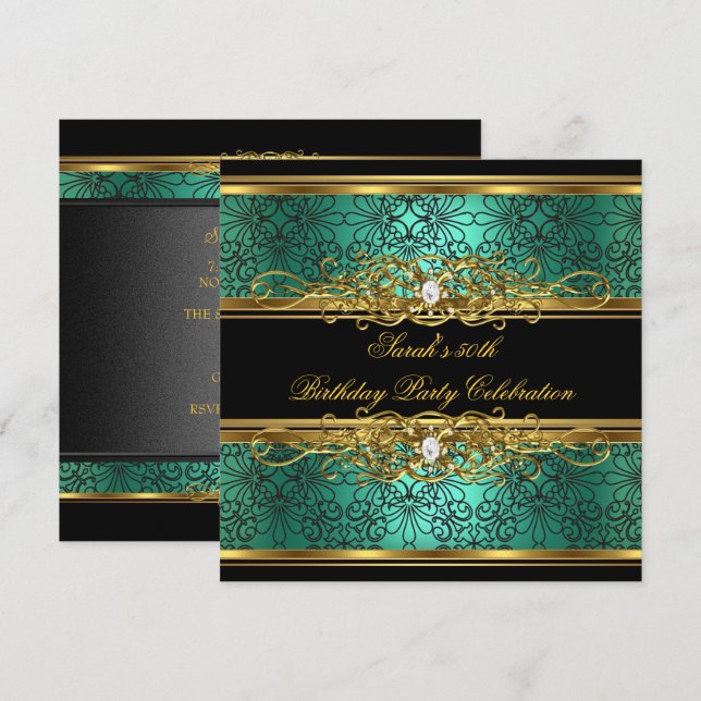 Elegant 50th Birthday Party Jade Green Gold Damask Invitation (Front/Back)