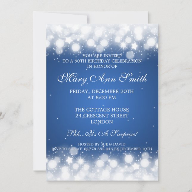 Elegant 50th Birthday Party Magic Sparkle Blue Invitation (Front)