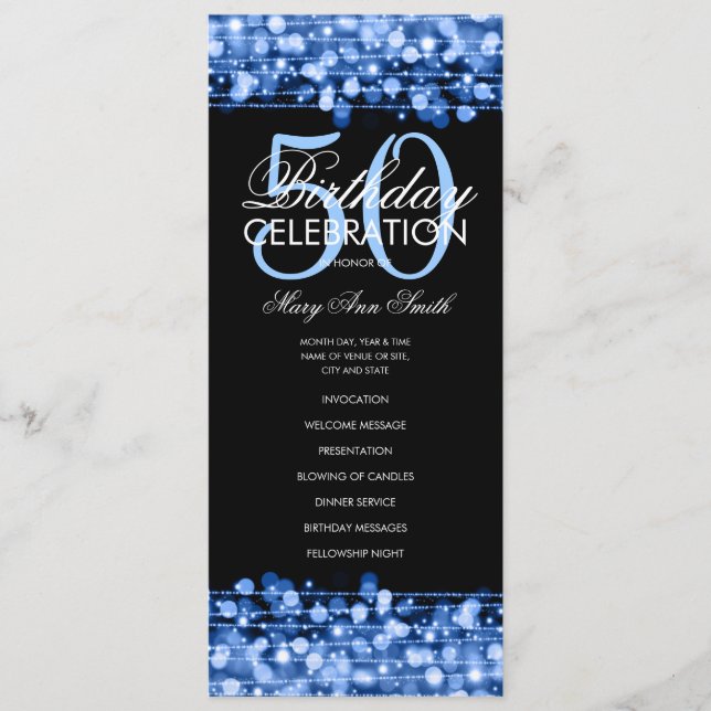 Elegant 50th Birthday Party Program Blue w/ Menu (Front)