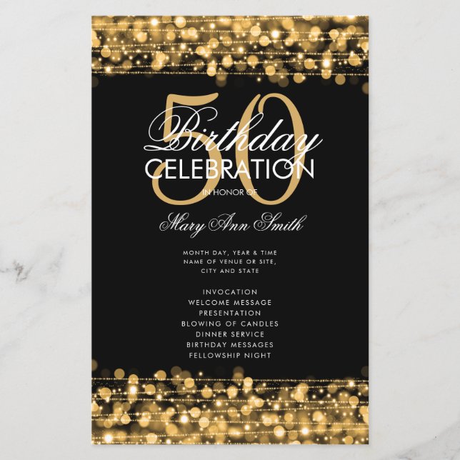 Elegant 50th Birthday Party Program Gold w/ Menu (Front)