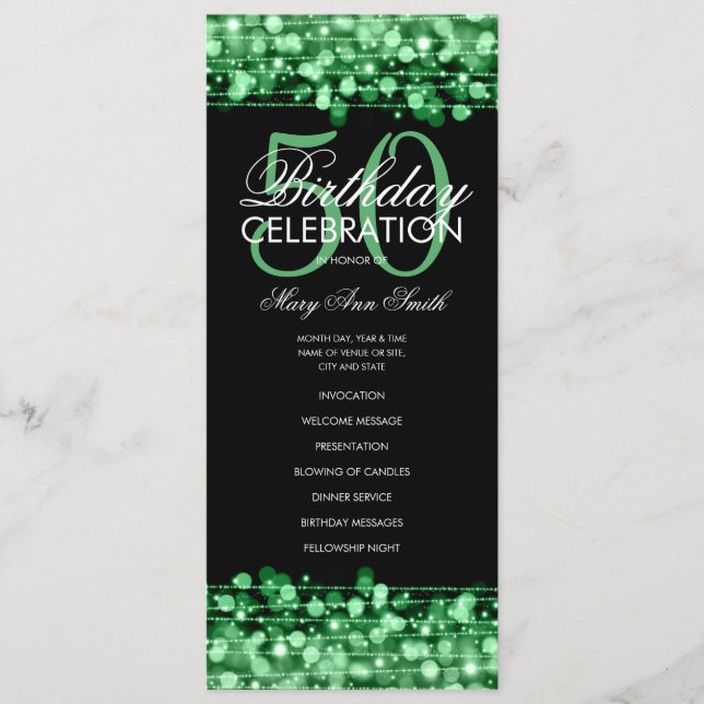 Elegant 50th Birthday Party Program Green w/ Menu (Front)
