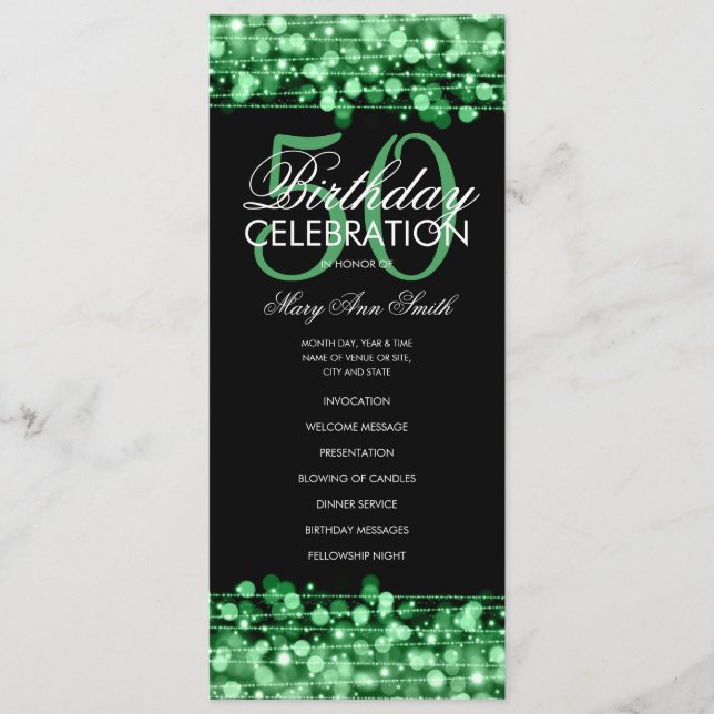 Elegant 50th Birthday Party Program Green w/ Menu (Front)