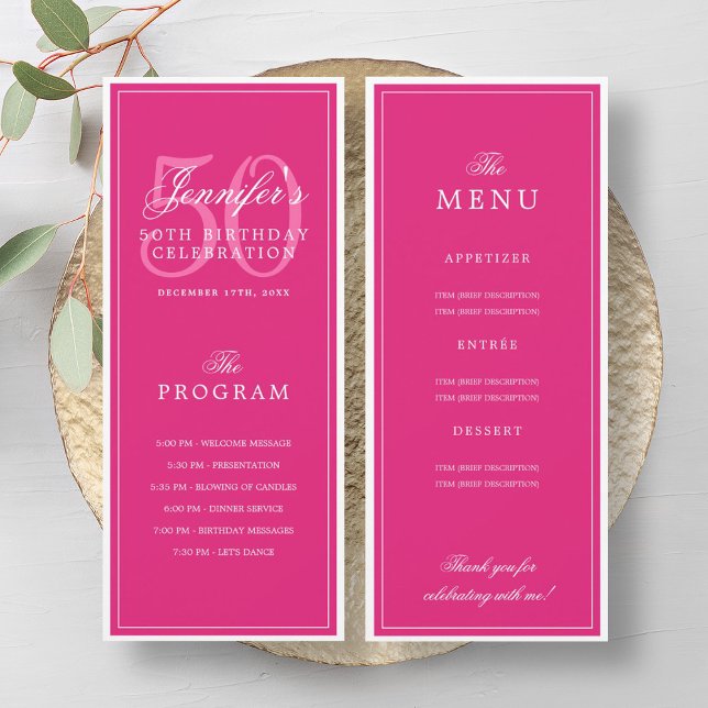Elegant 50th Birthday Party Program Menu Hot Pink  (Elegant 50th Birthday Party Program Menu Hot Pink )