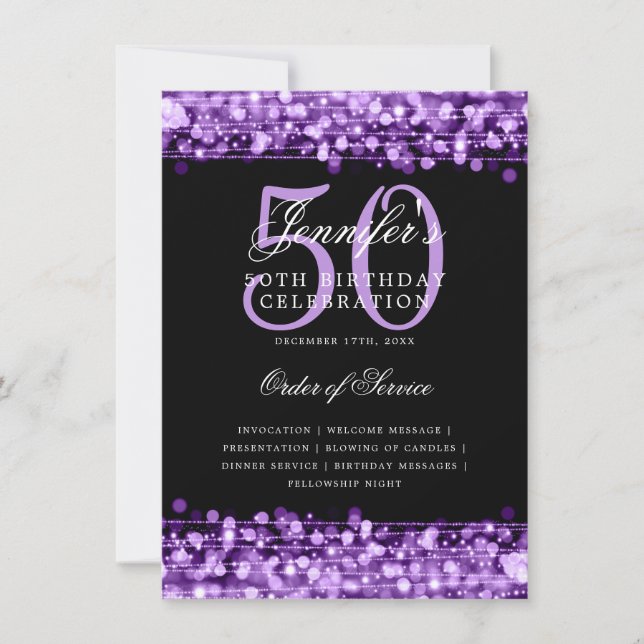Elegant 50th Birthday Party Program Purple Menu (Front)
