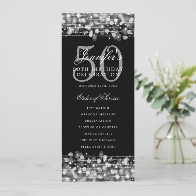 Elegant 50th Birthday Party Program Silver w/ Menu (Standing Front)