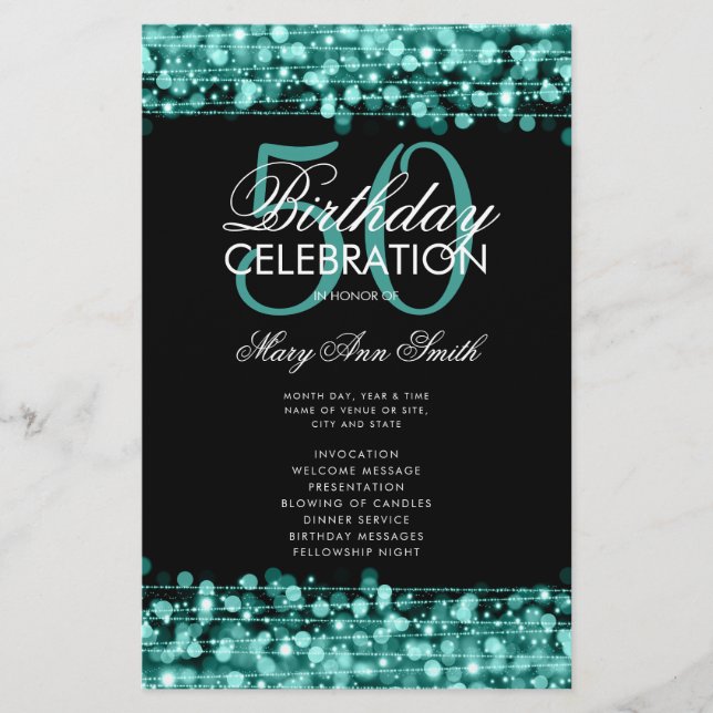 Elegant 50th Birthday Party Program Teal w/ Menu  (Front)