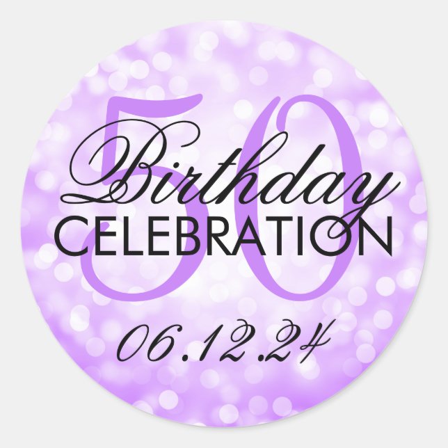 Elegant 50th Birthday Party Purple Glitter Lights Classic Round Sticker (Front)