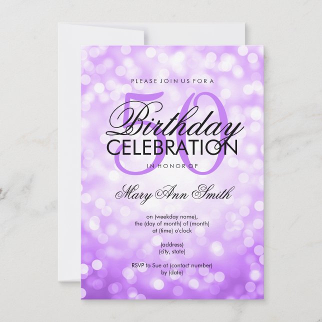 Elegant 50th Birthday Party Purple Glitter Lights Invitation (Front)