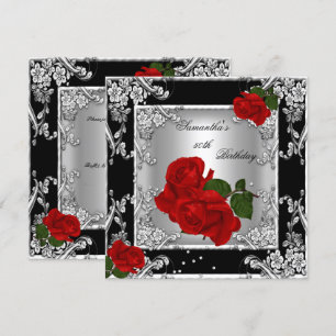 Elegant 50th Birthday Party Red Rose Silver Invitation
