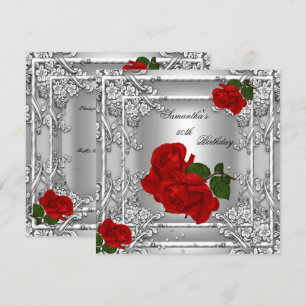 Elegant 50th Birthday Party Red Rose Silver Invitation
