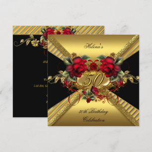 Elegant 50th Birthday Party Red Roses Gold Black Invitation