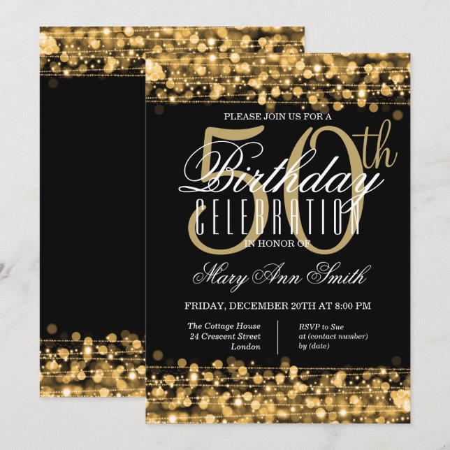 Elegant 50th Birthday Party Sparkles Gold & Black Invitation (Front/Back)