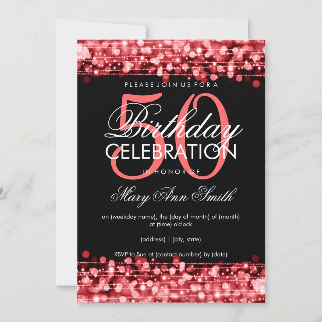 Elegant 50th Birthday Party Sparkles Red Invitation (Front)
