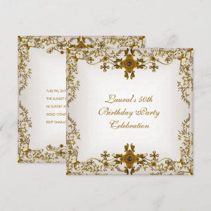 Elegant 50th Birthday Party White Cream Gold Lace Invitation