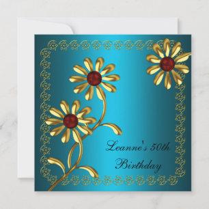 Elegant 50th Birthday Party White Gold Teal Floral Invitation