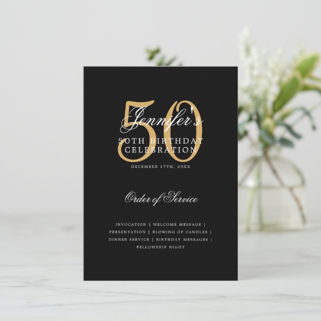 Elegant 50th Birthday Program Gold Black w/ Menu (Standing Front)
