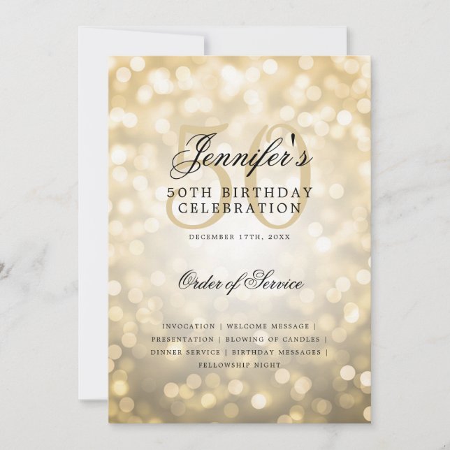 Elegant 50th Birthday Program Gold Bokeh w/ Menu (Front)