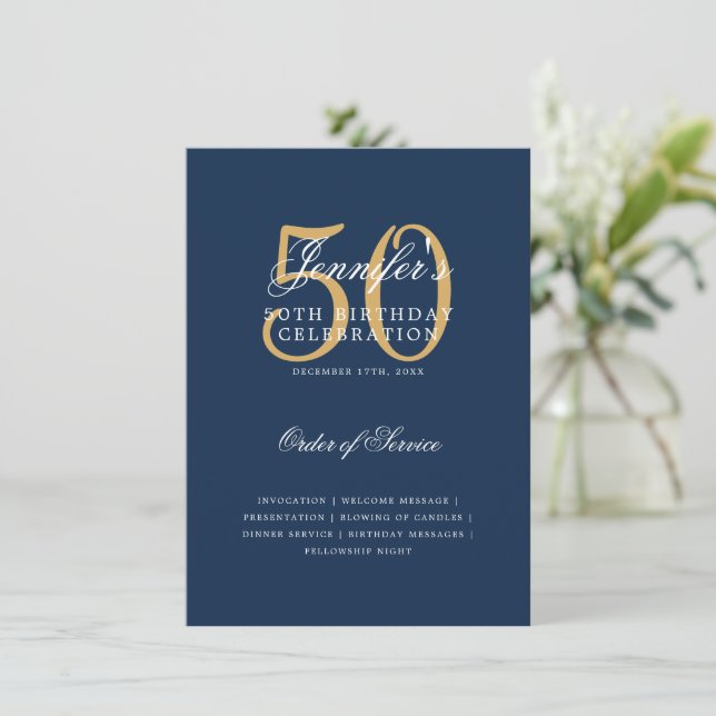 Elegant 50th Birthday Program Gold Navy Blue Menu (Standing Front)