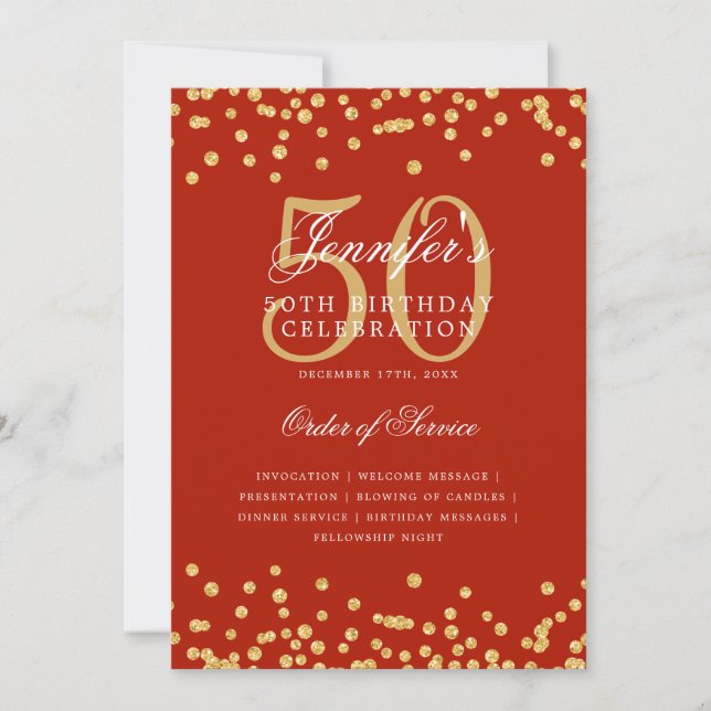 Elegant 50th Birthday Program Menu Gold Red  (Front)