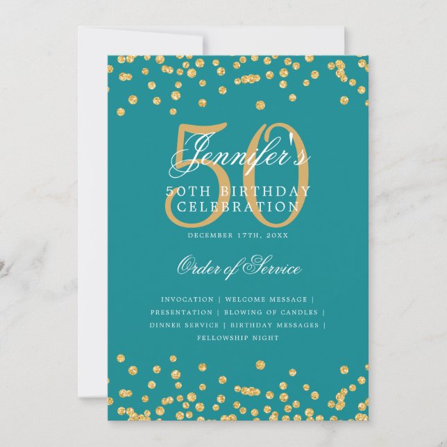 Elegant 50th Birthday Program Menu Gold Teal  (Front)