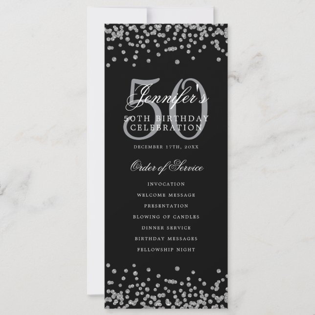Elegant 50th Birthday Program Silver Confetti Menu (Front)