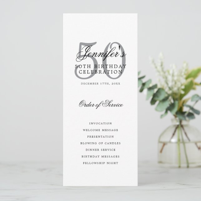 Elegant 50th Birthday Program Silver Thank U (Standing Front)