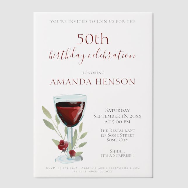 Elegant 50th Birthday Red Wine Surprise Birthday  Vellum Invitations (Front)