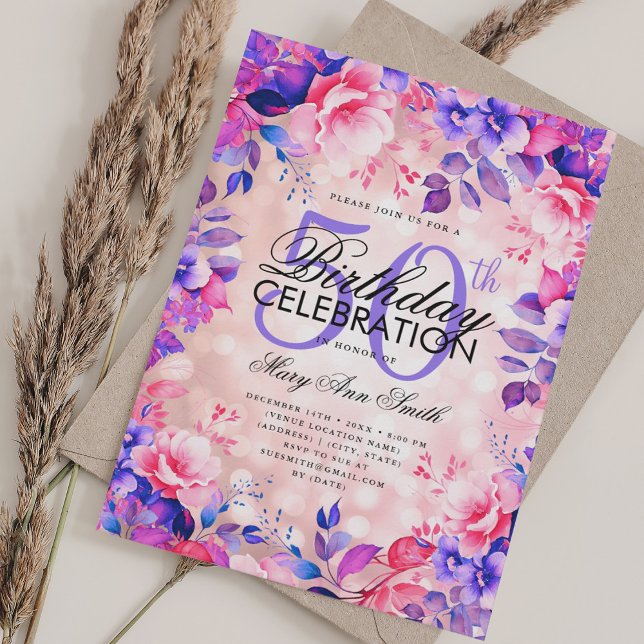 Elegant 50th Birthday Rose Gold Purple Floral  Invitation (Elegant 50th Birthday Rose Gold Purple Floral Invitation)